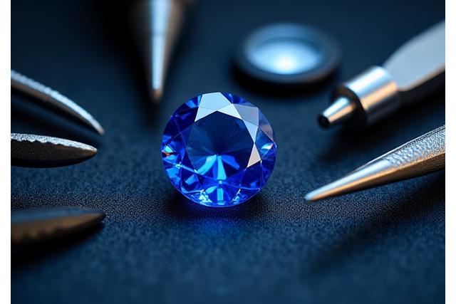 Saphir poli sur un fond sombre et outils de gemmologie